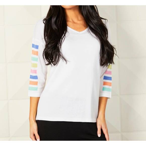 NEW ANGEL 3/4 sleeve stripe v neck top in white combo - Picture 1 of 10